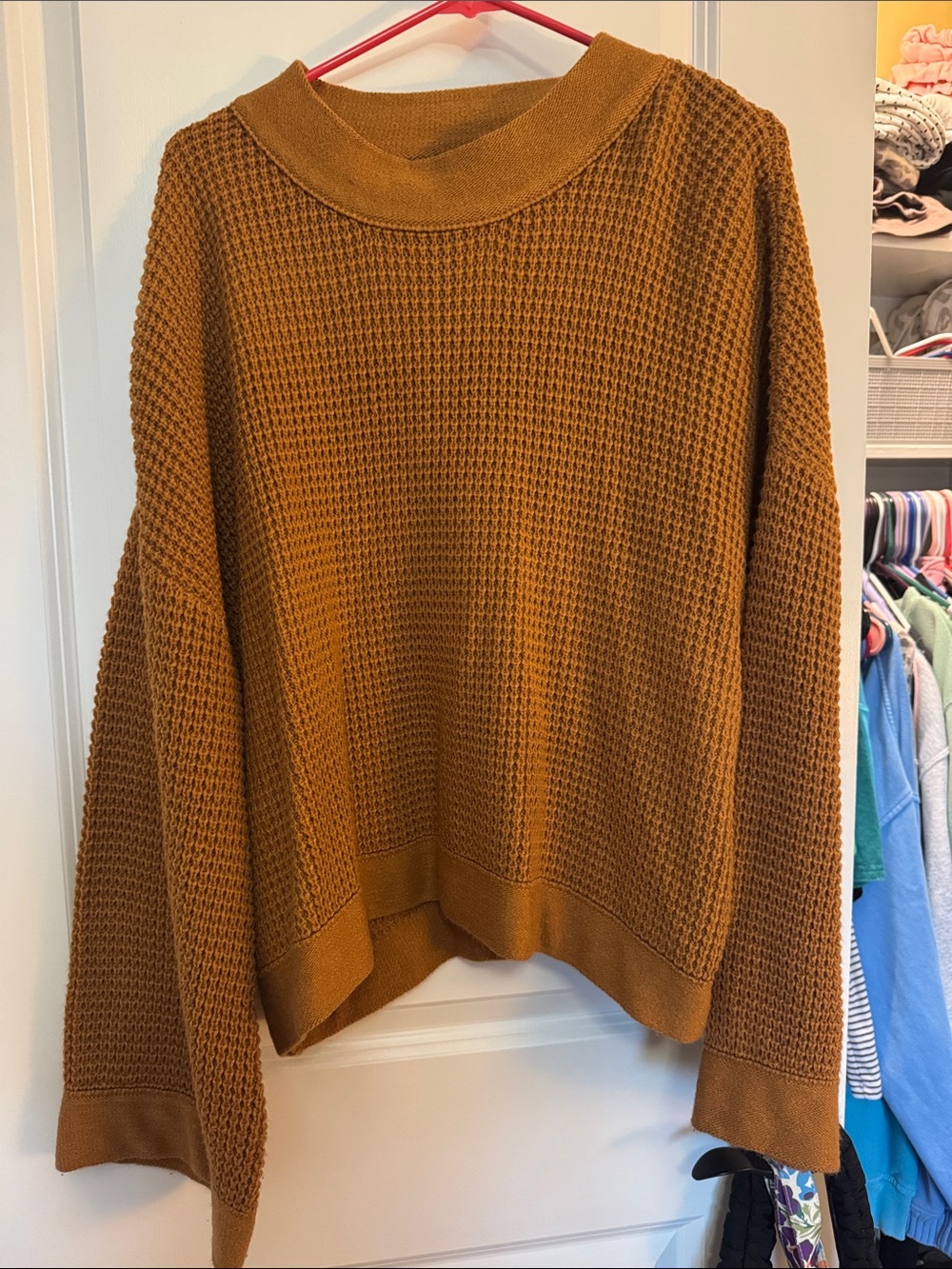 Waffle-Knit Crewneck Sweater in Camel Brown